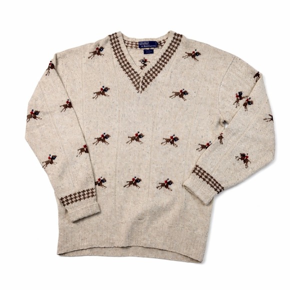 Polo Ralph Lauren Other - Rare VTG Polo Ralph Lauren Sz MHorses Jockey Hand Knit Beige V Neck Silk Cotton